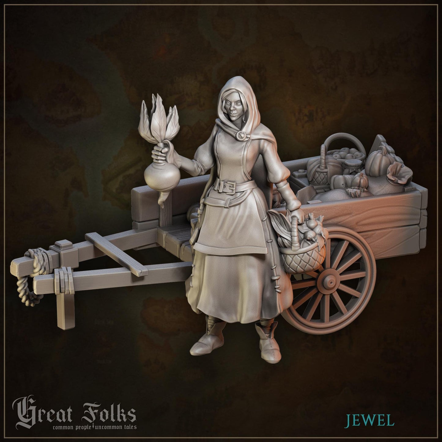 Hooded female fantasy market vendor figurine with cart full of vegetables and baskets