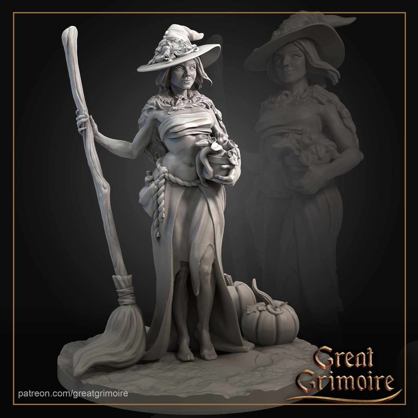 3D witch figurine with broom, pumpkins, and pointed hat by Great Grimoire