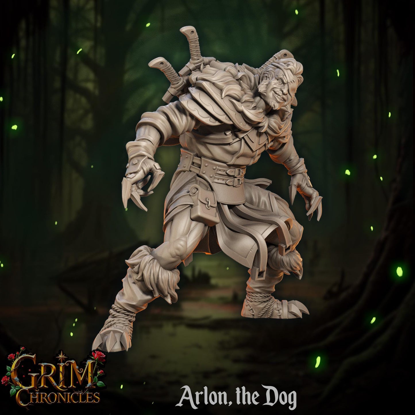Fantasy miniature of werewolf warrior Arlon the Dog with swords, detailed cloak in dark forest