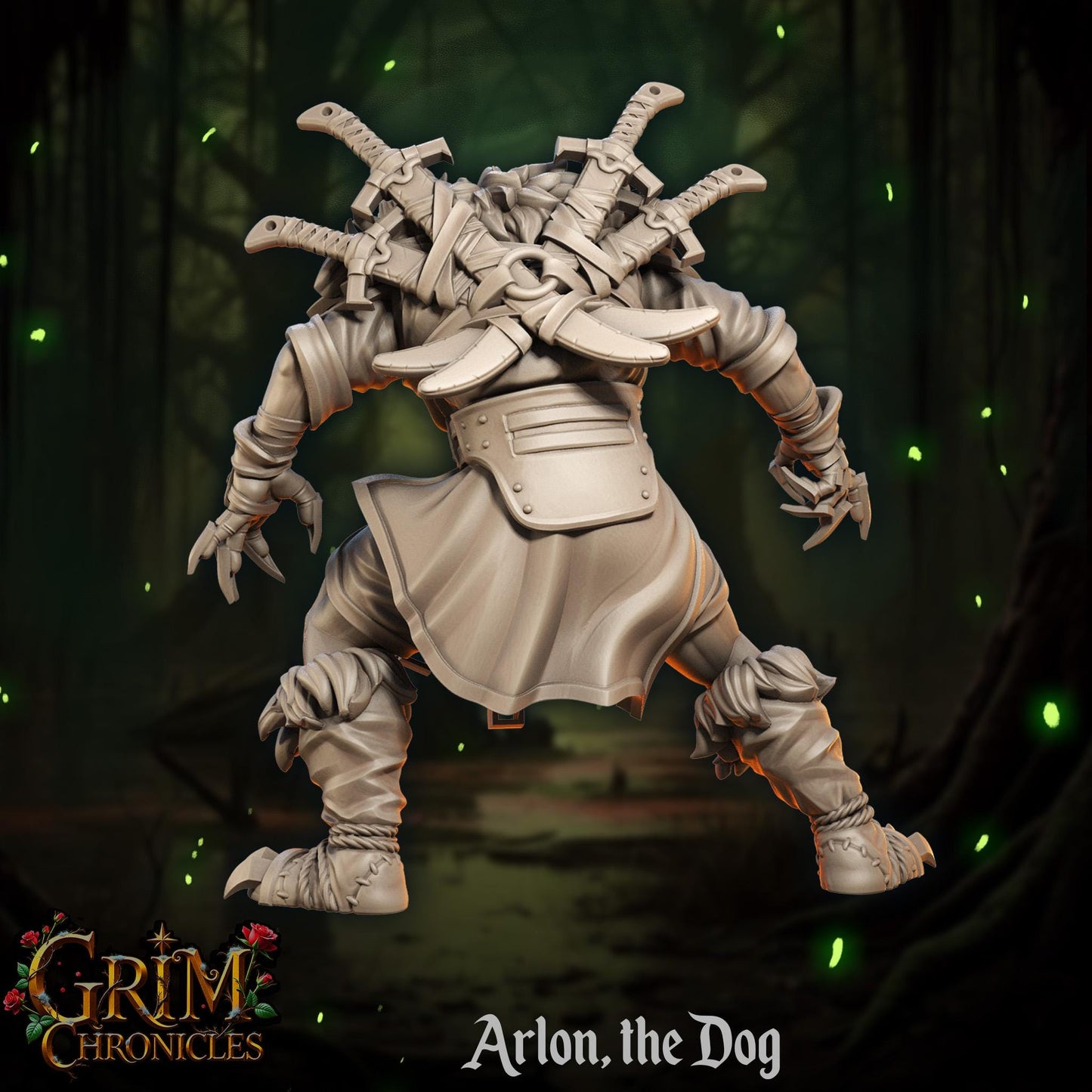 Fantasy miniature figure with swords on back in dark forest, Grim Chronicles Arlon the Dog.
