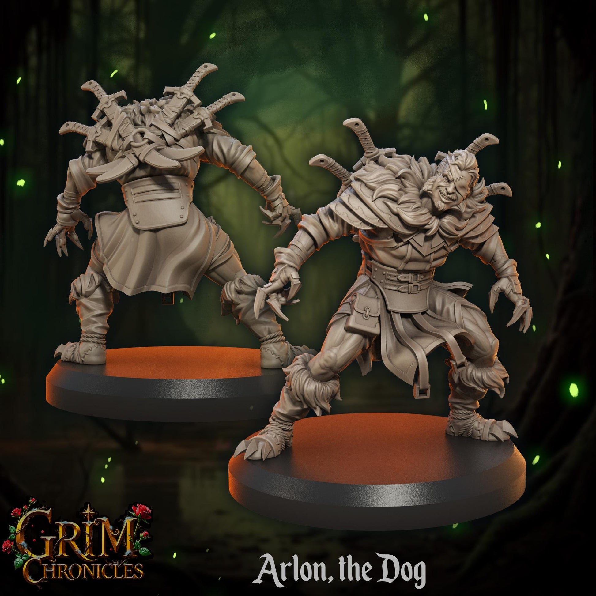 Grim Chronicles Arlon the Dog miniature figurine with multiple swords on back in a dark forest