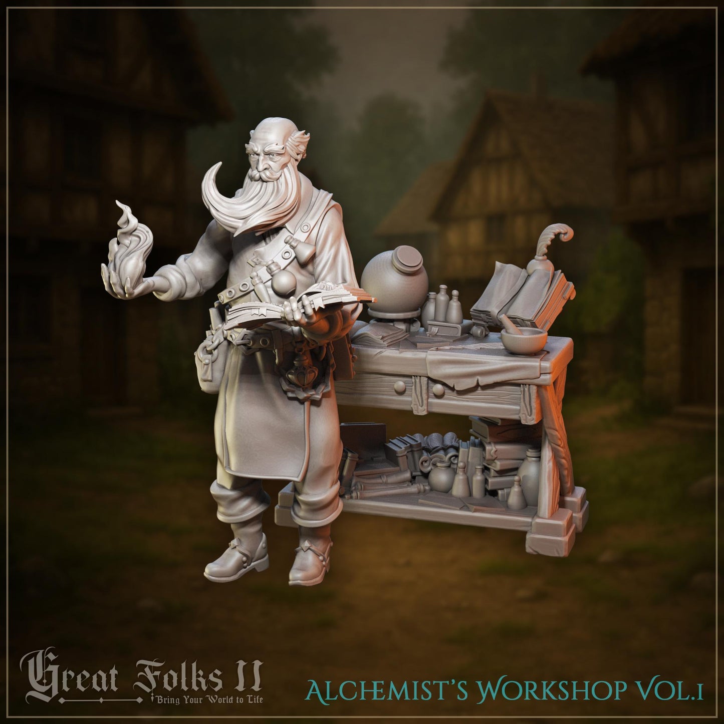 Miniature alchemist with long beard holding flame by potion-filled workshop table, fantasy setting
