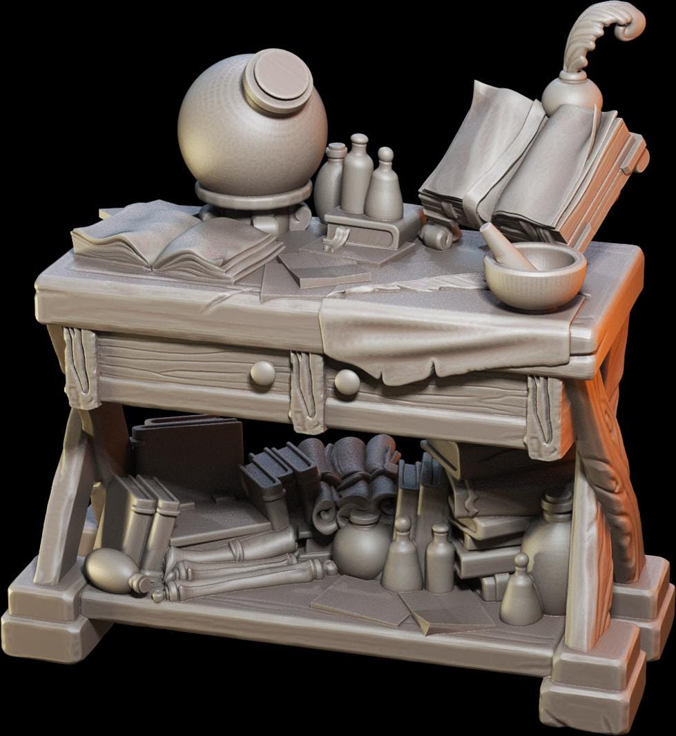 Wizard alchemist workbench with books, potion bottles, mortar, and quill