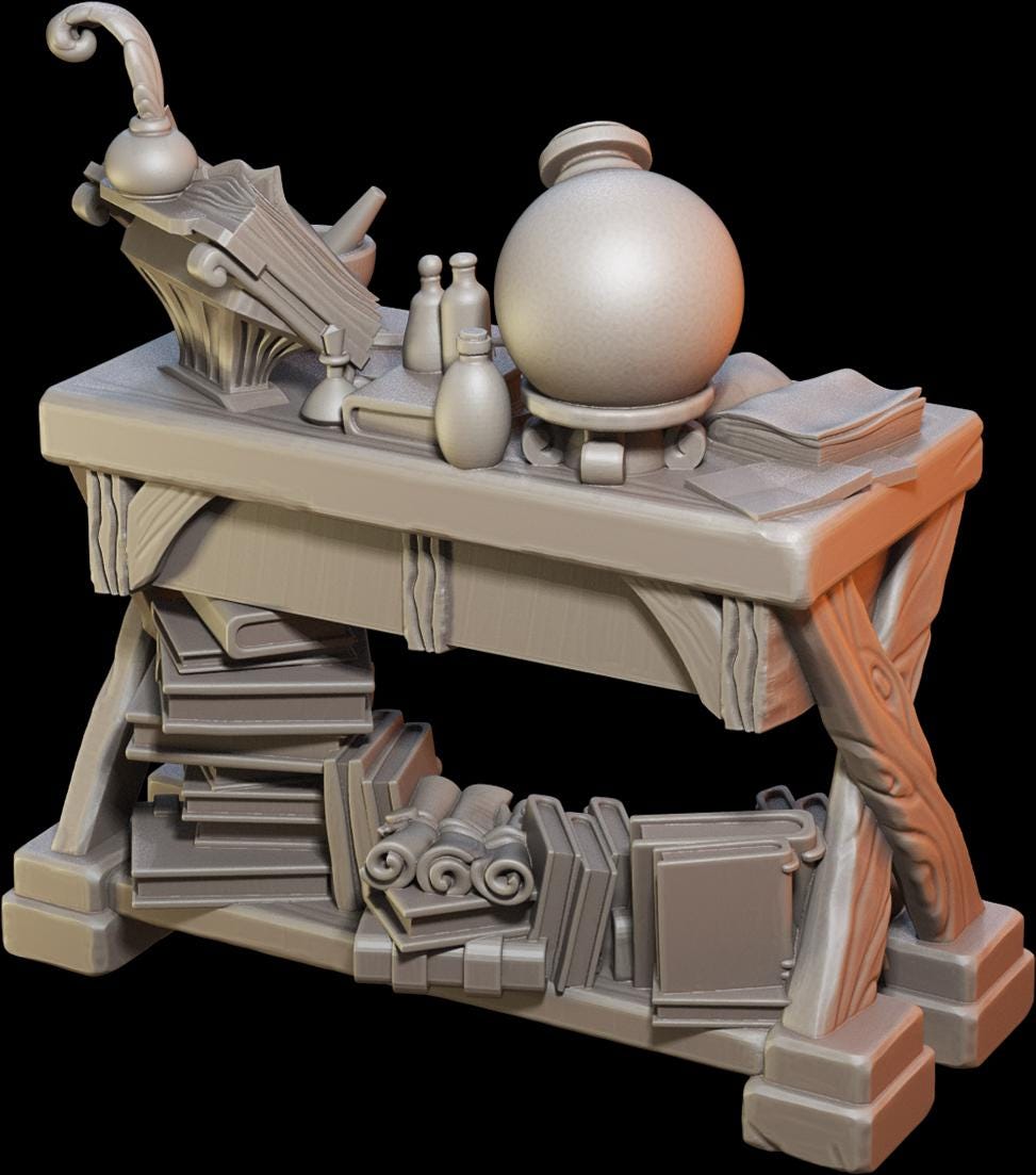 3D wizard desk model with magic orb, potion bottles, books, and scrolls on shelves