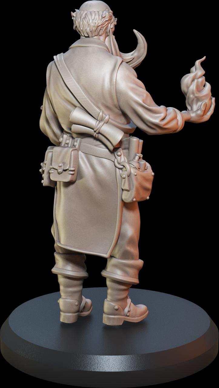 Fantasy miniature figure holding flame, detailed sculpt, adventurer gear, standing on base