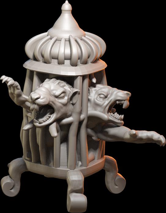3D printed fantasy miniature of a snarling two-headed beast in a wheeled cage