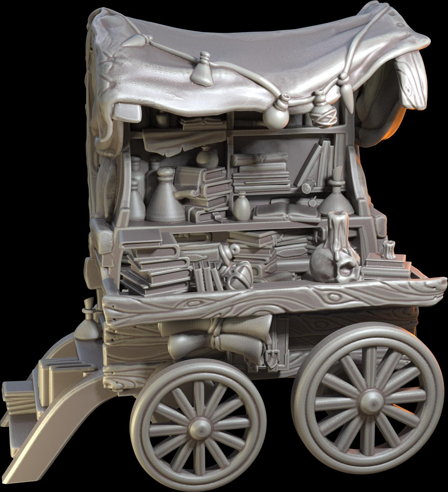 Fantasy wizard's wagon miniature with books, potion bottles, scrolls, and magical items