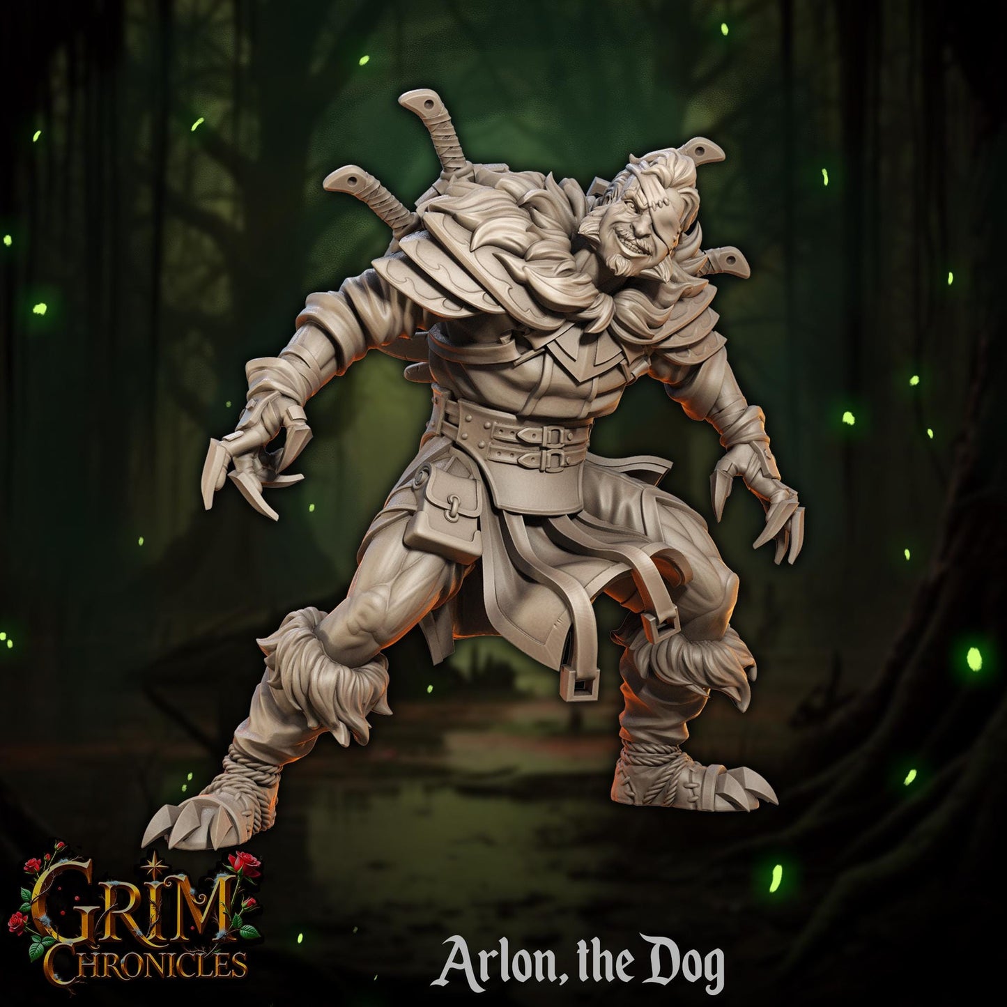 Fantasy werewolf miniature Arlon the Dog with swords, forest background, Grim Chronicles