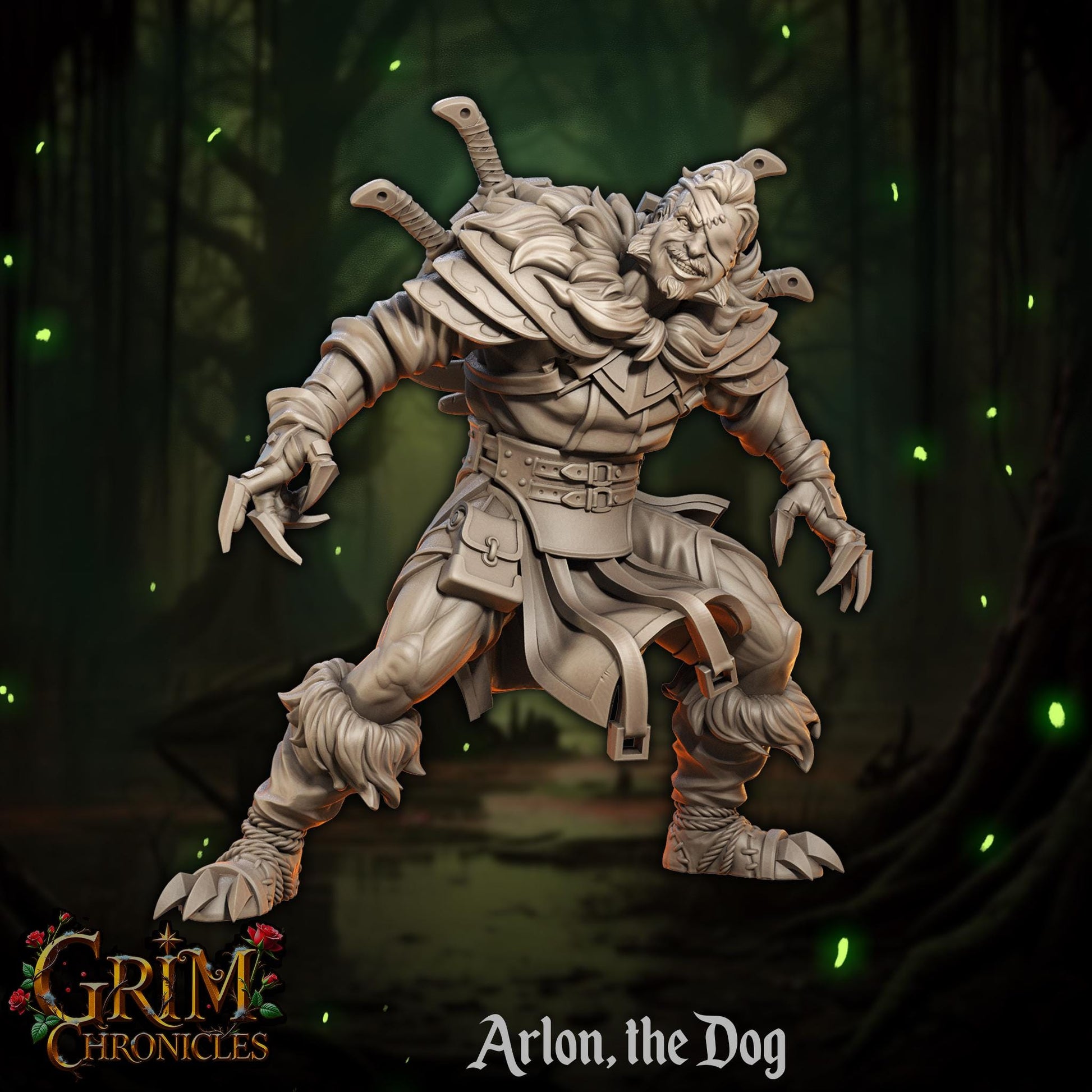 Fantasy werewolf miniature Arlon the Dog with swords, forest background, Grim Chronicles