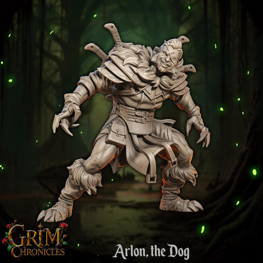 Fantasy werewolf miniature Arlon the Dog with swords, forest background, Grim Chronicles
