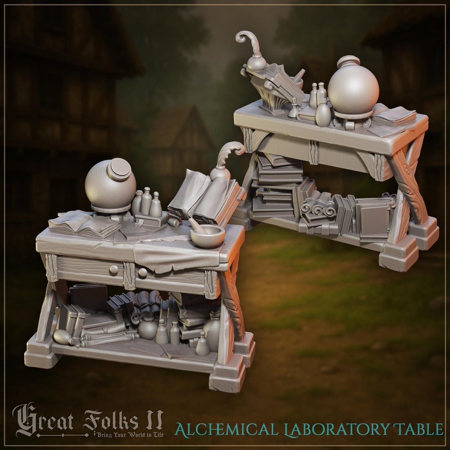 Fantasy alchemical laboratory table with books, flasks, scrolls, and potion bottles