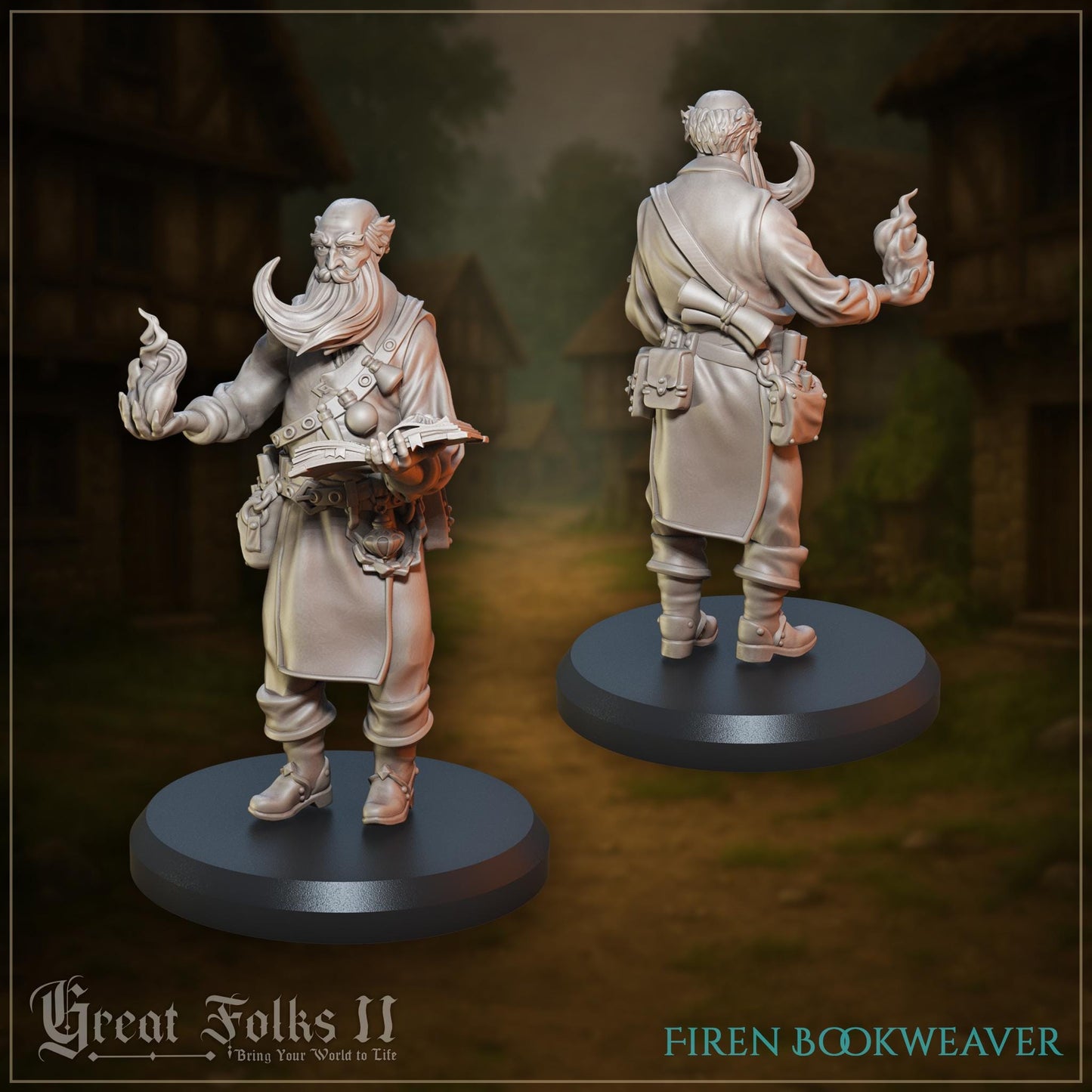 Fantasy wizard miniature holding flame and open book, detailed tabletop RPG figure