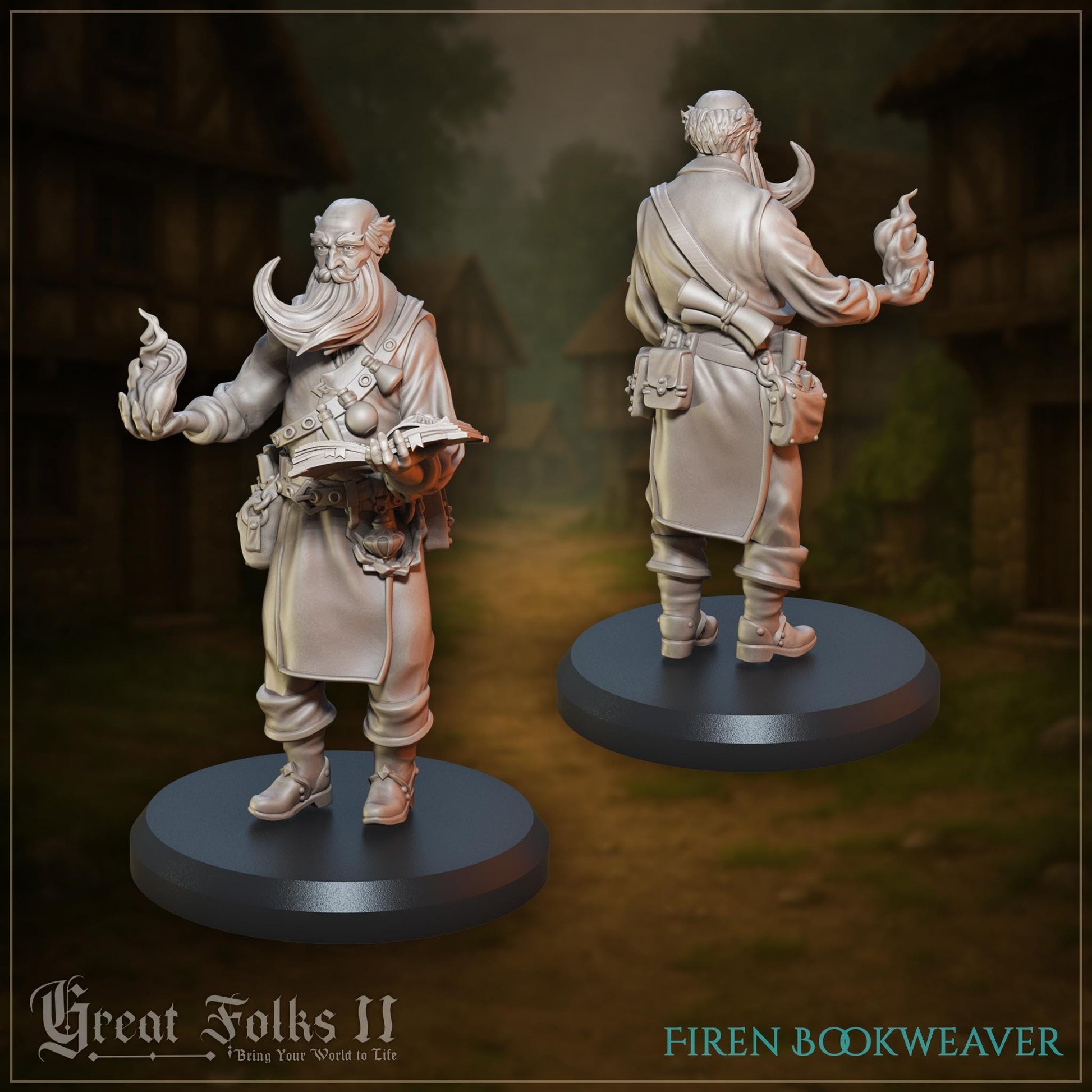 Fantasy wizard miniature holding flame and open book, detailed tabletop RPG figure