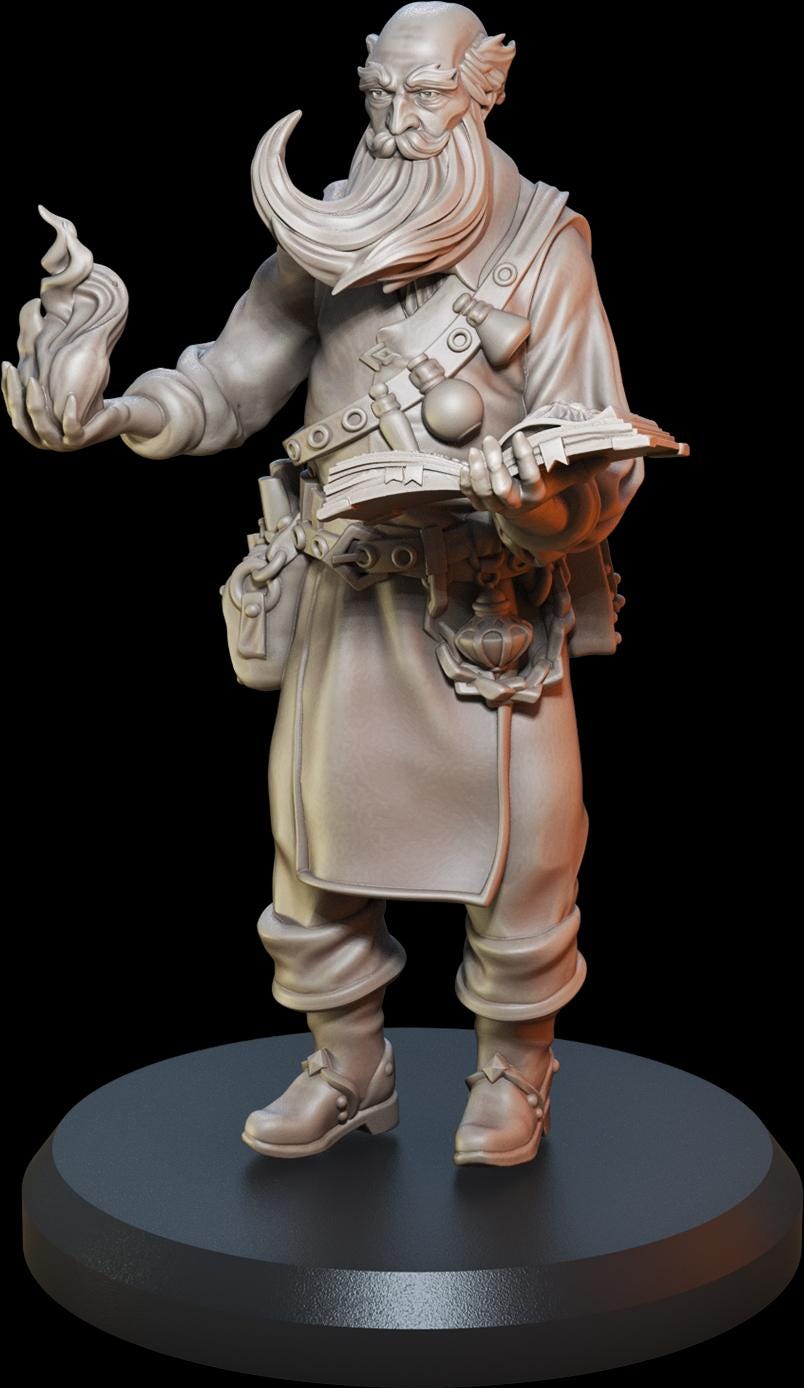 Fantasy wizard miniature figurine holding magic flame and book, detailed sculpt, tabletop RPG