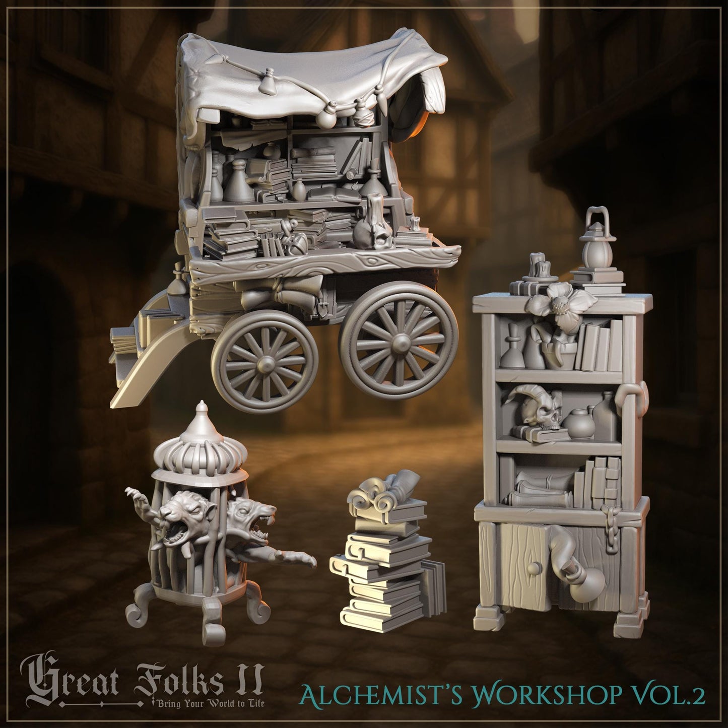 Miniature fantasy alchemist's wagon, bookshelf, and props, detailed tabletop RPG scenery.