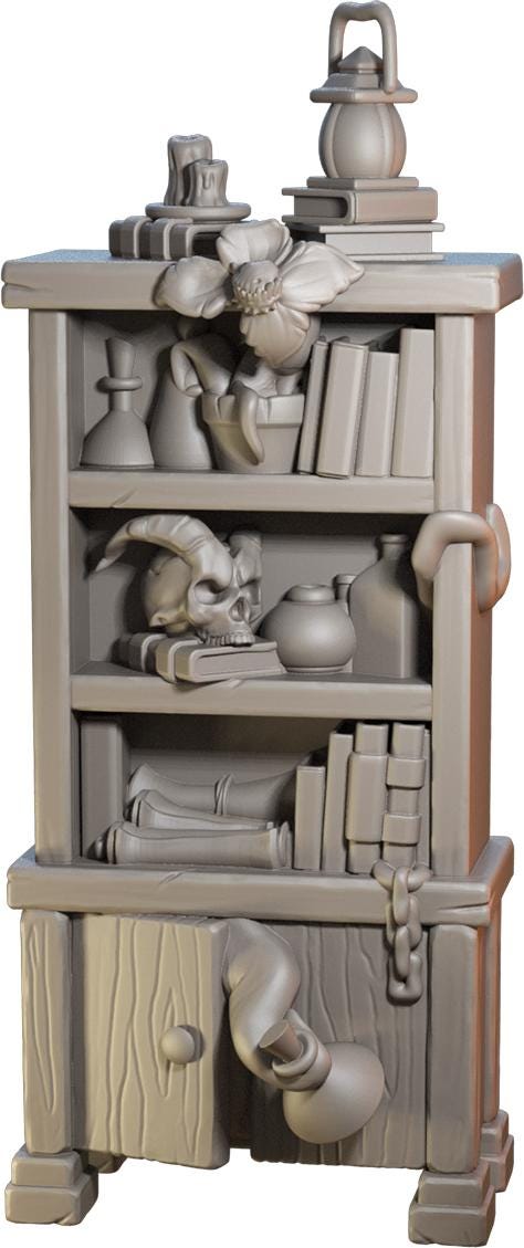 3D fantasy bookshelf miniature with books, skulls, scrolls, and potion bottles