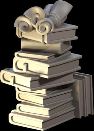 Stack of sculpted books with curled scrolls, decorative book decor art