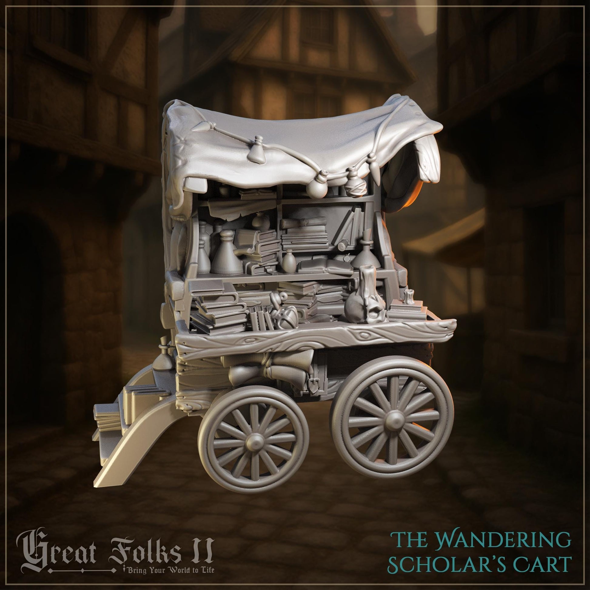 Miniature scholar's cart packed with books, potions, and satchels on cobblestone street