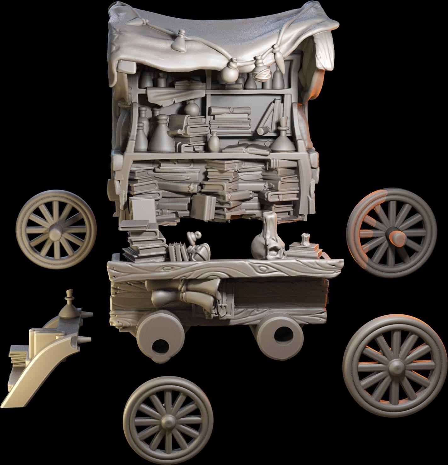 3D sculpt of fantasy wagon filled with books, potions, and separated wooden wheels