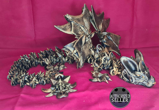 Metallic dragon sculpture on a pink background with 'Authorized Seller' label.